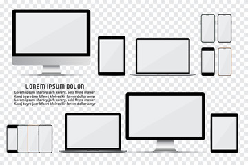 Set of computer monitor, laptop, smartphone and tablet with empty screen on a transparent background