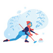 Curling game winter sport illustration. girl pushes a stone to the center. Outdoor snow games, cartoon character. frozen plants isolated background. Vector