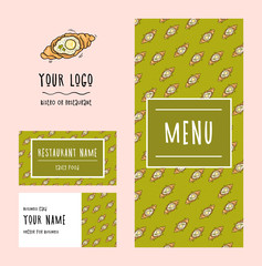 Logo and brand identity for a restaurant or cafe or fast food takeaway menu and business card and logo design. Shawarma samsa khachapuri Georgian cuisine green design branding