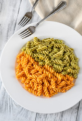 Canvas Print - Fusilli with traditional and tomato pesto