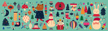 Christmas Decorative Banner With Funny Santa Claus, Snowman, Gift Boxes And Toys In Vintage Style