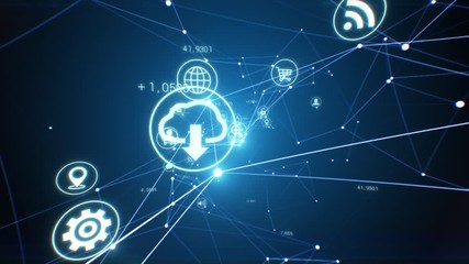 Canvas Print - Network Growing with Abstract Beautiful Software Icons Flowing Seamless. Loop-able 3d Animation of Digital Links. Cyberspace Flashing Lights. E-business Concept. 4k Ultra HD 3840x2160