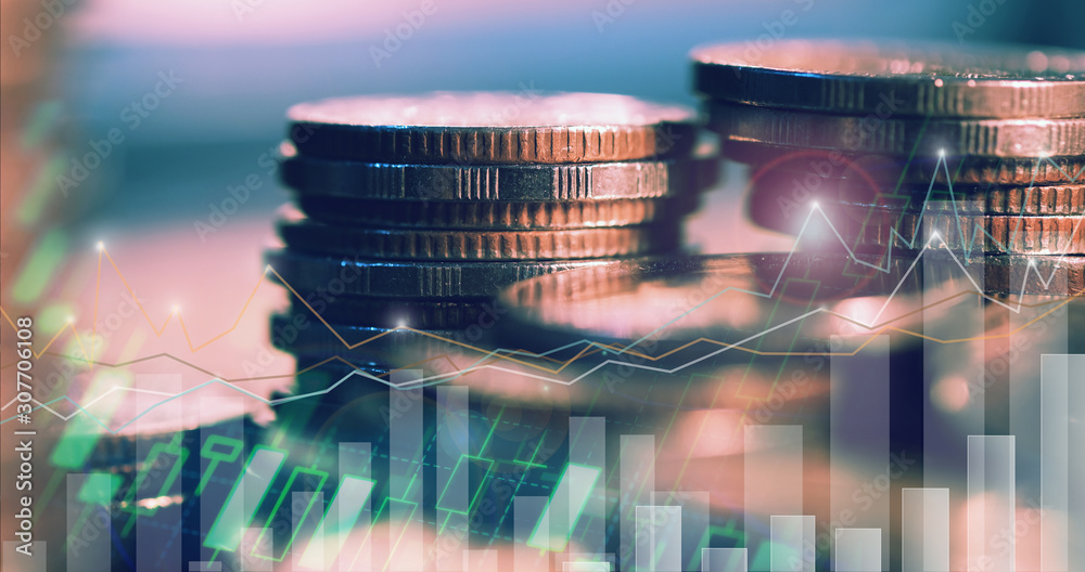 Financial Investment Concept Double Exposure Of City Night And Stack 