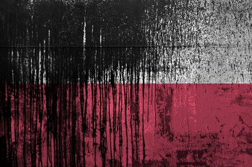 Wall Mural - Poland flag depicted in paint colors on old and dirty oil barrel wall closeup. Textured banner on rough background