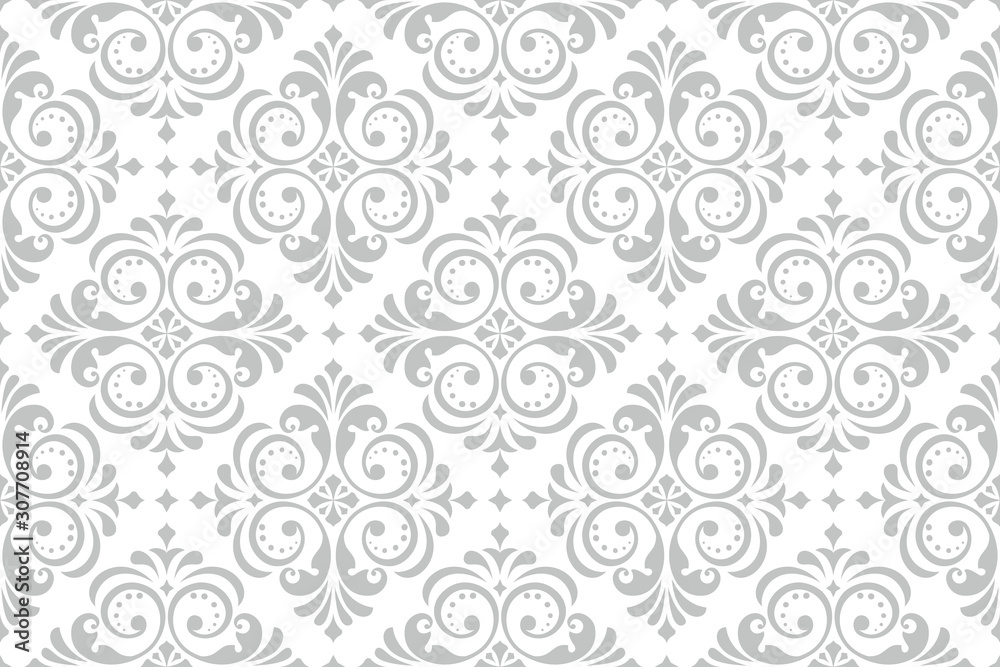 Floral pattern. Vintage wallpaper in the Baroque style. Seamless vector background. White and grey ornament for fabric, wallpaper, packaging. Ornate Damask flower ornament. - obrazy, fototapety, plakaty 