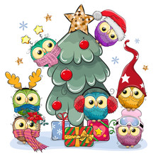 Cartoon Owls Near The Christmas Tree