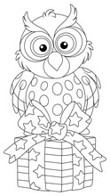 Funny Owl Sitting On A Decorated Box Of A Holiday Gift, Black And White Outline Vector Cartoon Illustration For A Coloring Book Page