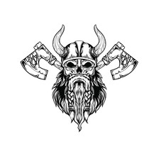 Vikings Skull With Ax And Text, Vector Grunge Illustration Isolated On White Background, Viking Emblem, Logotype