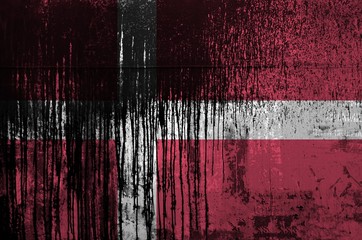 Wall Mural - Denmark flag depicted in paint colors on old and dirty oil barrel wall closeup. Textured banner on rough background