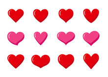 Set Of Red And Pink Heart Shaped Symbols. Collection Of Different Romantic Heart Icons For Web Site, Sticker, Label, Tattoo Art, Love Logo And Valentines Day.
