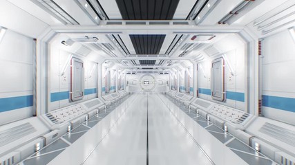 Wall Mural - Moving Through the Abstract Spaceship Tunnel to Opening Gateway. 3d Animation with Alpha Mask. Beautiful Futuristic Interior of Spaceship with Opening Door to White Light. 4k Ultra HD 3840x2160