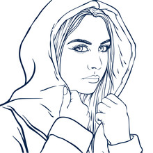 Realistic Sketch Of Beautiful Woman And Hood, Vector Line Art Illustration Isolated On White Background