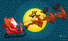 Santa Claus Flies On A Sleigh In The Snow For The New Year. Santa Deer In A Harness. Full Moon. Vector Illustration. You Can Animate.