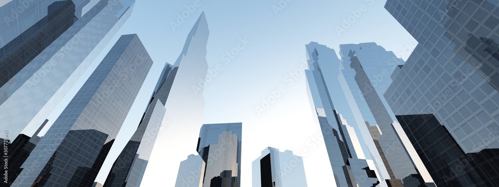Skyscrapers, high-rise buildings, beautiful view from below against the sky. 3d rendering. - obrazy, fototapety, plakaty 