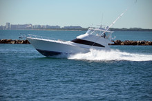 High-end Sport Fishing Boat Speeding On Government Cut Off Miami Beach,Florida