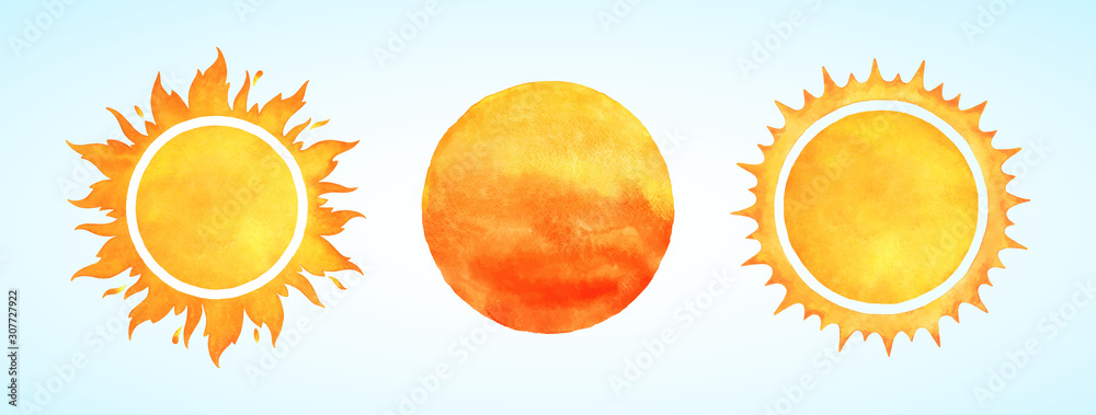 Watercolor vector sun shapes. Rising sun, sunset, dawn illustrations set. Fire colors round shape, watercolour stains. Orange red yellow circle, flaming crown frame. Maslenitsa, Shrovetide background. - obrazy, fototapety, plakaty 