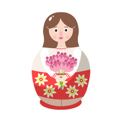 Nesting doll in colorful costume with flower ornament. Vector illustration in flat cartoon style