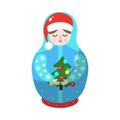 Nesting doll in winter style with Christmas tree. Vector illustration in flat cartoon style