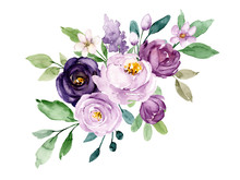 Violet Flowers Watercolor, Floral Clip Art. Bouquet Roses Perfectly For Printing Design On Invitations, Cards, Wall Art And Other. Botanical Illustration Isolated On White Background. Hand Painting.
