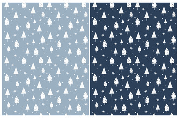 White Christmas Tree Seamless Vector Pattern. White Trees and Stars Isolated on a Blue Background. Cute Infantile Style Winter Forest Illustration Ideal for Fabric, Wrapping Paper, Party Decoration.