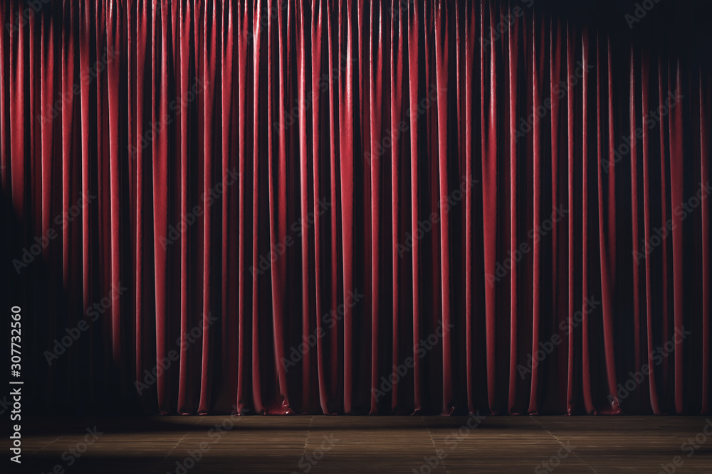 Empty theater stage with red velvet curtains and spotlights. Stock ...