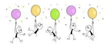 Doodle Stick Figure: Little Men Fly On Balloons.
