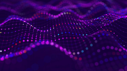 Futuristic dots background. Color music sound waves. Big data visualization. 3d rendering.