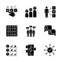 Wall Mural - Survey glyph icons set. Choosing checkbox. Correct and wrong answer. Satisfaction level. Feedback. Select option. Mass survey. Online poll. FAQ sign. Silhouette symbols. Vector isolated illustration