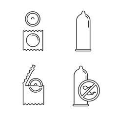 Wall Mural - Contraceptive linear icons set. Safe sex. Male condom in package. Preservative. Birth control. Pregnancy prevention. Thin line contour symbols. Isolated vector outline illustrations. Editable stroke