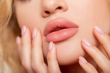 Beautiful Lips Close-up. Makeup. Lip Matte Lipstick. Sexy Lips. Part Of Face, Young Woman Close Up. Advertisement. Perfect Plump Lips Bodily Lipstick. Peach Color Of Lipstick On Large Lips. Perfect