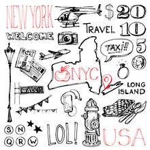 New York, United States Of America Set Of Sketch Doodle Travel Symbols Of City Such As Wall Street Bull, Long Island Lettering, Broadway, Big Apple And More