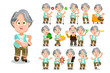 © Vectors_BySkop - Big vector cartoon set with silver haired aged woman who using device, keeping piggy bank, steering wheel, money, prohibited and permissive signs, speaking by smartphone, jumping for joy.