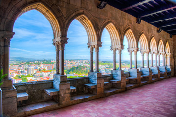 View of Leiria through arcade of the local castle, Portugal