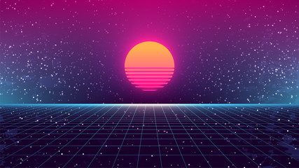 synthwave sunset background. 80s sun backdrop. blue perspective grid with retro sun on dark starry s