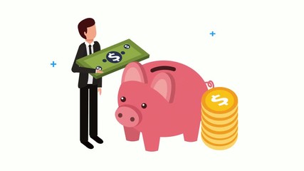 Sticker - businessman with piggy savings and coins