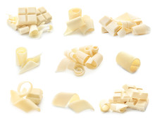 Pieces Of Chocolate With Curls On White Background