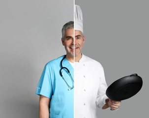 Comparison portrait of man in uniforms of different professions on grey background