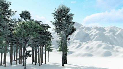 Tree in Snow Weather, Winter Background, 3D Rendering