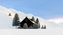 House In Winter With Trees 3D Rendering