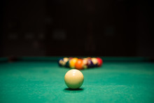 Billiards Table With Balls And Cue Ball Set Up For Break
