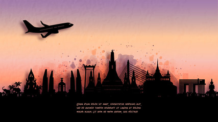 Fototapete - Watercolor of Bangkok, Thailand  silhouette skyline and famous landmark. vector illustration.