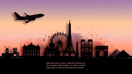 Fototapete - Watercolor of Paris, France silhouette skyline and famous landmark. vector illustration.