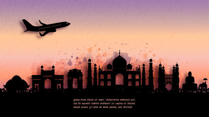 Fototapete - Watercolor of India silhouette skyline and famous landmark. vector illustration.