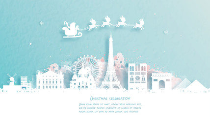 Fototapete - Christmas card with travel to Paris, France concept. Cute Santa and reindeer. World famous landmark in paper cut style vector illustration.