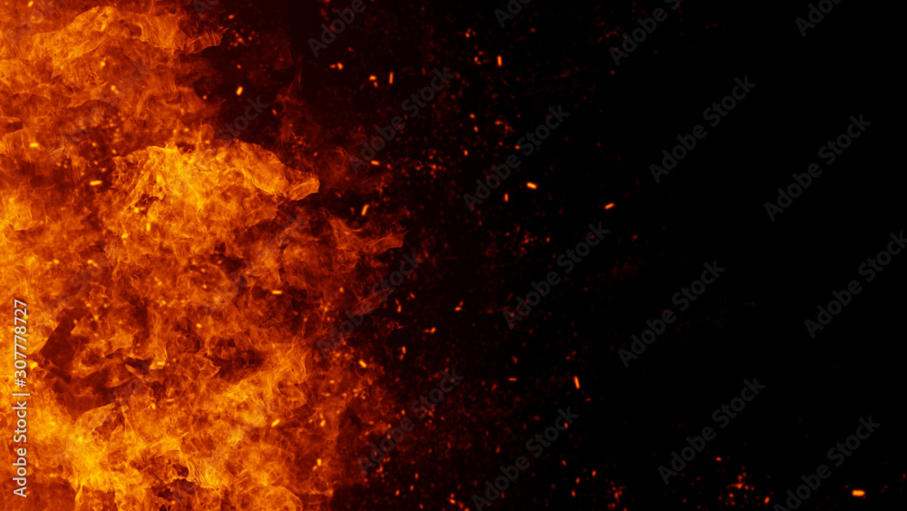 Texture of burn fire with particles embers. Flames on isolated black background. Texture for banner,flyer,card . - obrazy, fototapety, plakaty 
