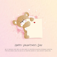 Wall Mural - Valentines card with cute teddy bear in paper cut style vector illustration.