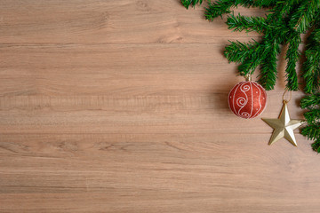 Wall Mural - Christmas fir tree with decoration on wooden board