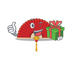 Wall Mural - mascot cartoon of happy chinese folding fan with gift box