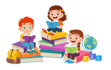 happy cute kids boy and girl read book together