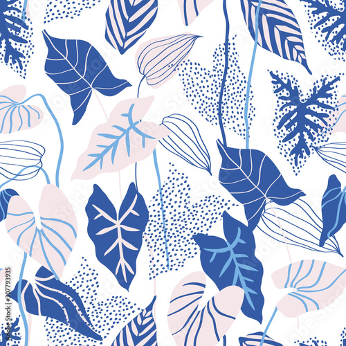 Abstract Tropical leaves with line, dots textures seamless pattern on white b...